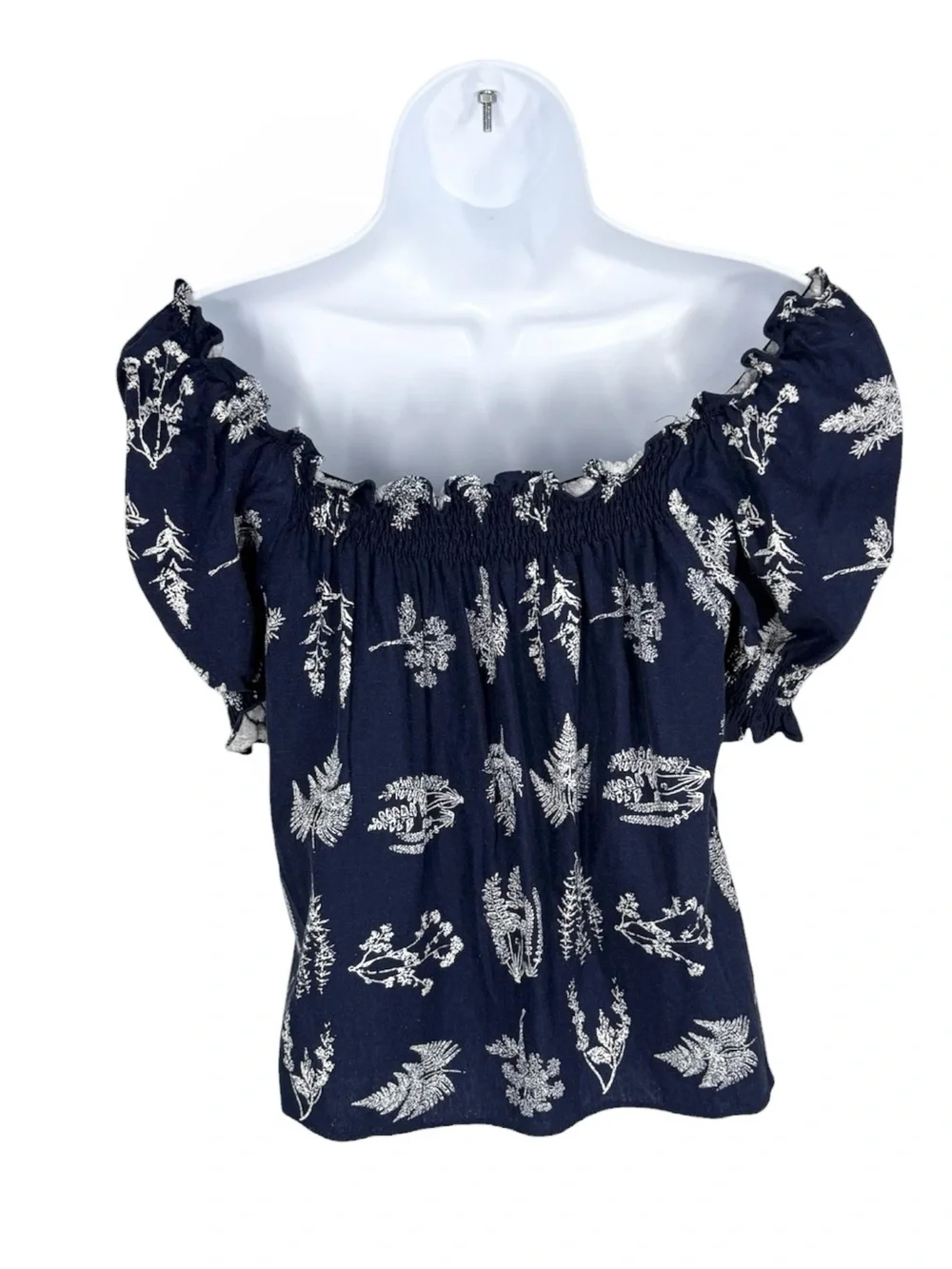 Pomander Place Beaufort Botanical Blouse XS NWT Navy Smocked Off Shoulder